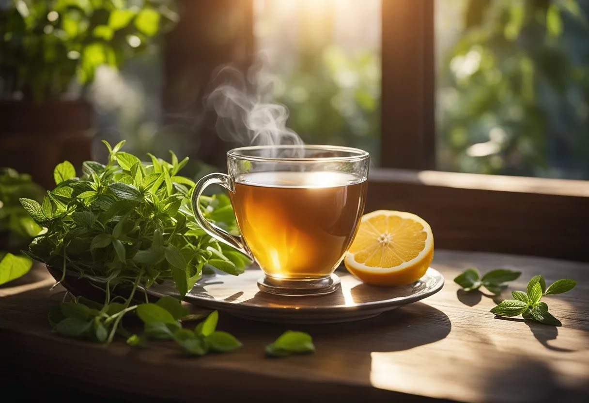 A steaming cup of All Day Slimming Tea sits on a rustic wooden table, surrounded by fresh herbs and fruits. The morning sunlight streams through a nearby window, casting a warm glow over the scene
