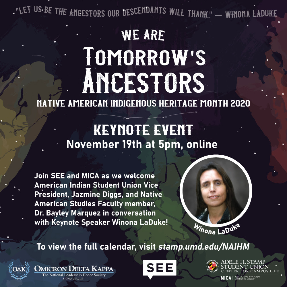 Event details are repeated with a photo of Winona LaDuke and the quote 'let us be the ancestors our descendants will thank'