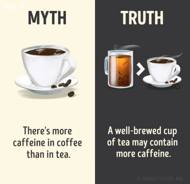 5. Có nhiều caffeine trong cà phê hơn trà. Sự thật là một tách trà được pha có thể chứa nhiều caffeine hơn.,nhận thức sai lầm,các loại thức uống,khám phá,sự thật thú vị,những điều thú vị trong cuộc sống