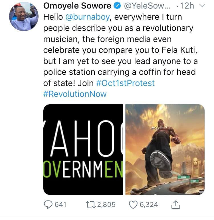 I am not Fela, leave me out of your schemes - Burna Boy fires back at Omoyele Sowore after being invited to #RevolutionNow protest 