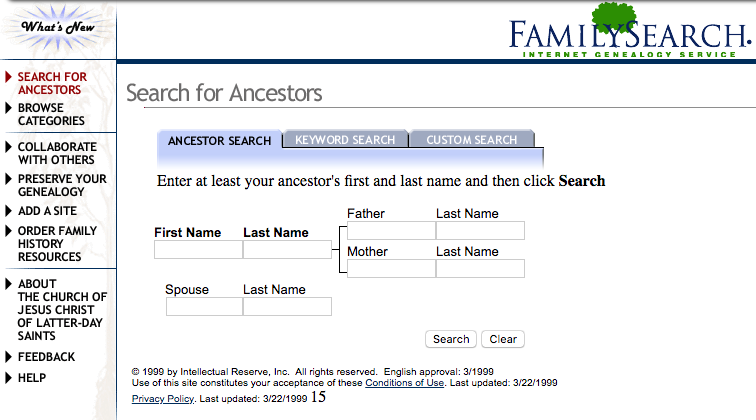 FamilySearch.org Homepage as it appeared in 1999.