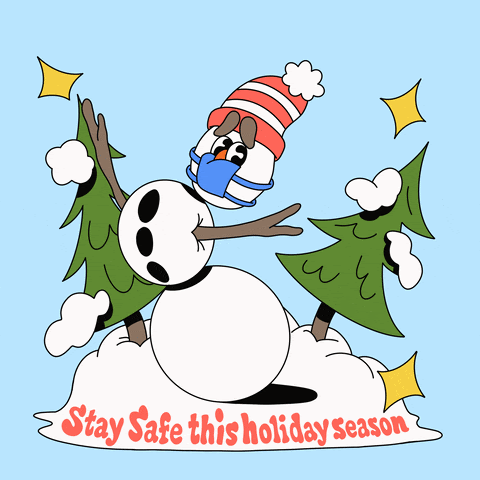 Image of a snowman with a mask that says "theres snowplace like home. stay safe this holiday season"