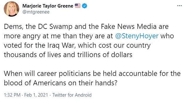 Greene lashed out on Twitter against Hoyer, claiming he should be 'held accountable' for backing the war in Iraq