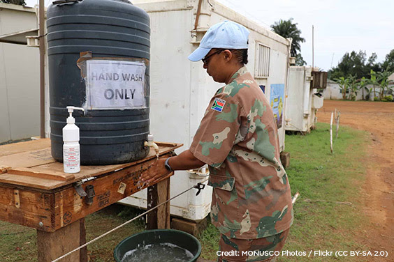 In the Democratic Republic of the Congo) Force Intervention Brigade is taking all measures to ensure that staff and visitors to all Mission premises are safe from the COVID-19 pandemic. Credit: MONUSCO Photos / Flickr (CC BY-SA 2.0) 