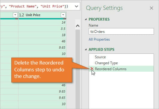 Power Query Reorder Columns - Delete the Reordered Columns Step to Undo