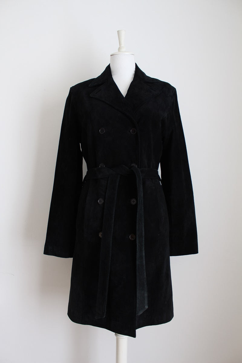 BLACK SUEDE DOUBLE BREASTED COAT - SIZE 12