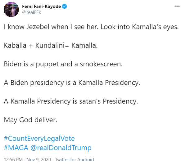Nigerians react to FFK referring to US president-elect Kamala Harris as