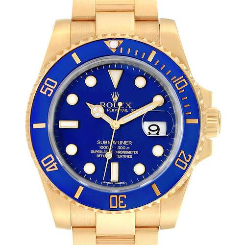 Rolex  Submariner Yellow Gold Blue Dial Ceramic Bezel Mens Watch 116618