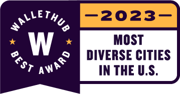 Graphic image of a "badge" that reads Wallehub Best Award: 2023 Most Diverse Cities in the U.S.