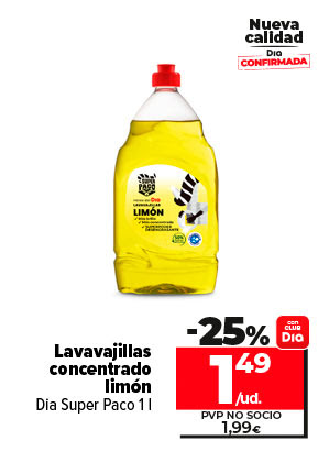 Lavavajillas concentrado limón. Dia Super Paco 1l ahora un 25% más barato con CLUBDia a 1,49€/ud. Pvp no socio a 1,99€.