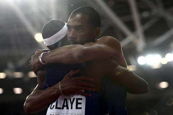 Will Claye and Christian Taylor congratulate each other after the triple jump at the IAAF World Championships London 2017 (Getty Images)