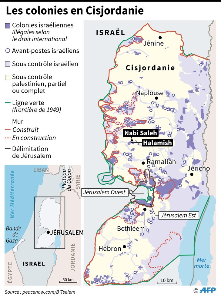 Carte des colonies israéliennes en Cisjordanie, dont celle de Halamish où des heurts ont opposé des Palestiniens et des colons israéliens, le 3 mars 2017 / AFP