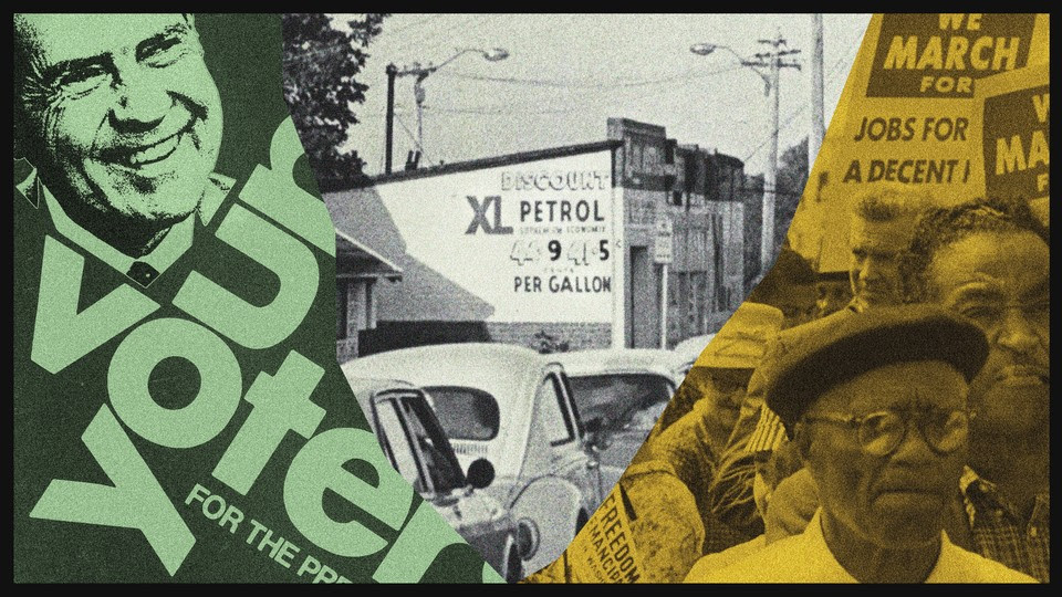 A collage of images relating to Richard Nixon, the 1970s oil crisis, and the Civil Rights movement