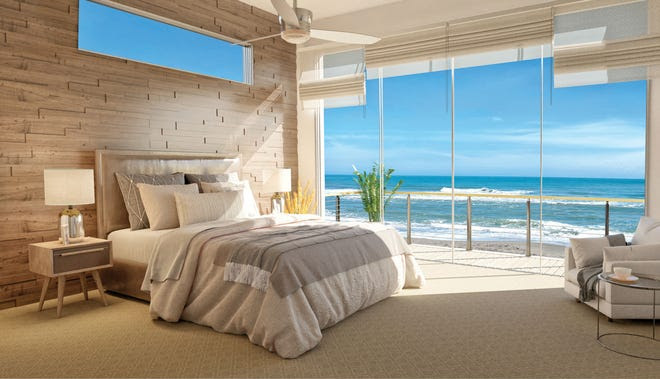 An artist's rendering of a master bedroom inside an oceanfront home at Harbor Island Beach Club.