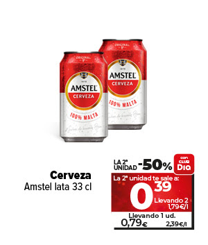 Cerveza Amstel lata de 33 centilitros.la segunda unidad te sale a 0,39€ llevando 2 a 1,79€/l. Llevando una unidad a 0,79€ a 2,39€/l.