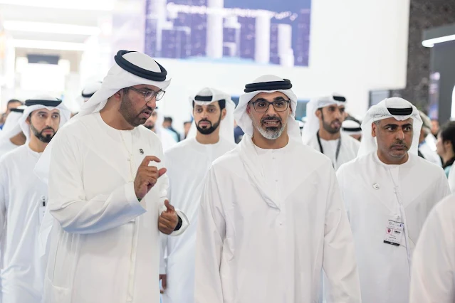 Branded Images4 Abu Dhabi, UAE  His Highness Sheikh Khaled bin Mohamed bin Zayed Al Nahyan, Crown Prince of Abu Dhabi and Chairman of the Abu Dhabi Executive Council, has visited ADIPEC, which is being held under the patronage of His Highness Sheikh Mohamed bin Zayed Al Nahyan, President of the UAE, at the Abu Dhabi National Exhibition Centre (ADNEC).  During the tour, His Highness visited local and international exhibits and pavilions, and reviewed the latest climate technologies and decarbonisation projects that are helping to accelerate the energy transition and address global energy challenges. HH was also briefed by exhibitors on new energy projects and innovative sustainbility solutions.    His Highness was accompanied by His Excellency Dr. Sultan Al Jaber, Minister of Industry and Advanced Technology and COP28 President-Designate.  Commenting on the event, His Highness affirmed that the UAE has made significant strides in addressing energy challenges and climate change through the launch of clean and renewable energy projects, and by launching innovative initiatives that support long-term growth. His Highness also emphasised the importance of global, cross-sector collaboration to build a sustainable future for all.   This year’s edition of ADIPEC focuses on four key industry areas: decarbonisation acceleration, maritime and logistics, digitalisation in energy, and manufacturing and industrialisation. These sectors are crucial for building partnerships and collaborations across industries, playing a vital role in forming the future of energy.  ADIPEC is being held from 2-5 October, under the theme ‘Decarbonising. Faster. Together’. It aims to foster global partnerships and find solutions to rapid decarbonisation while ensuring energy security, backed by the collective insights of 160,000 attendees, 2,200 companies, and 40 global ministers.     Branded Images     Branded Images10     Branded Images12     Branded Images13     Branded Images2     Branded Images3     Branded Images4     Branded Images5     Branded Images6     Branded Images9