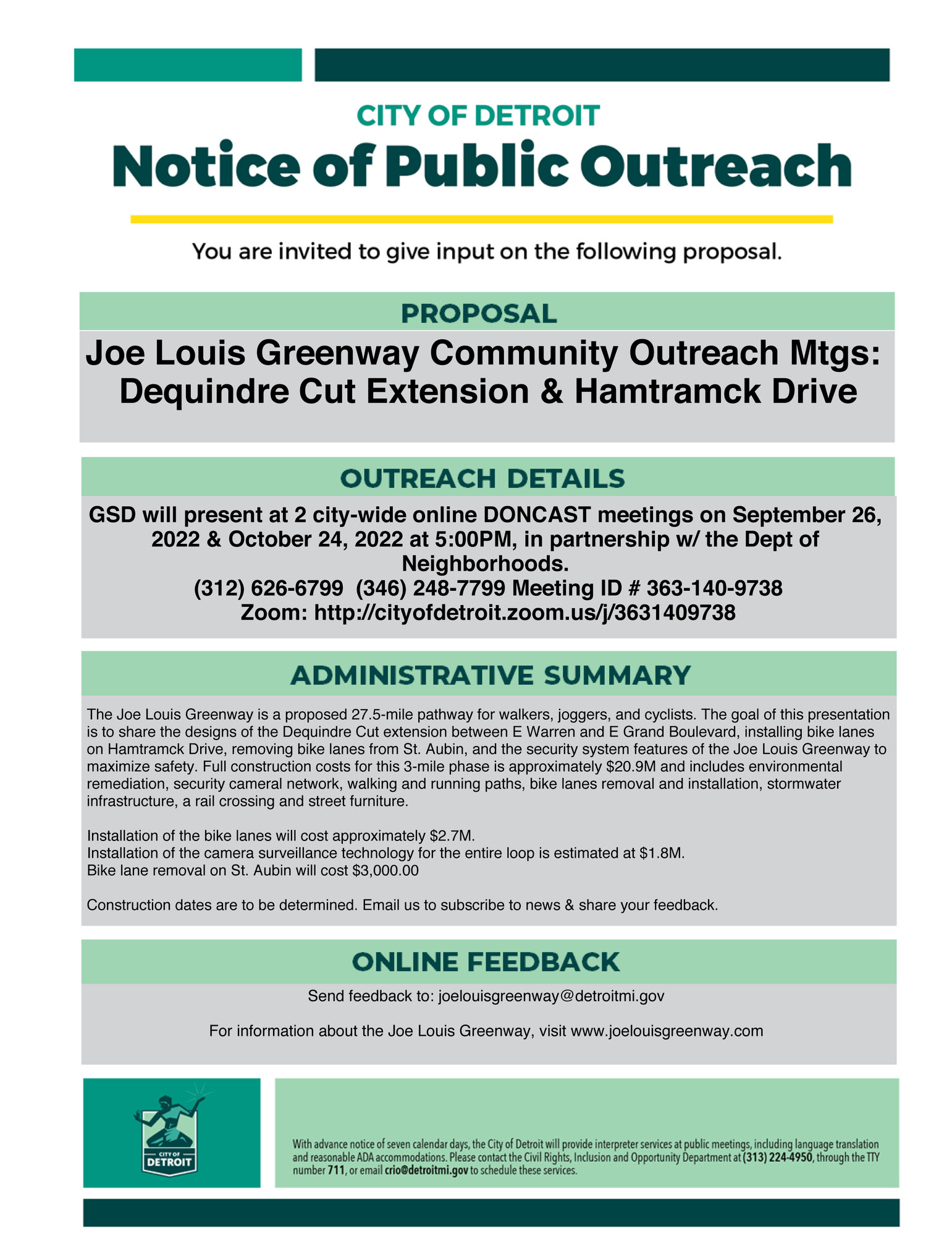 Joe Louis Greenway community outreach notice - Sept 26