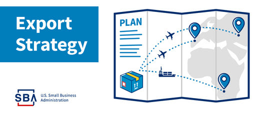 Illustration of a map and plan with the following text, export strategy. The SBA logo is at the bottom.