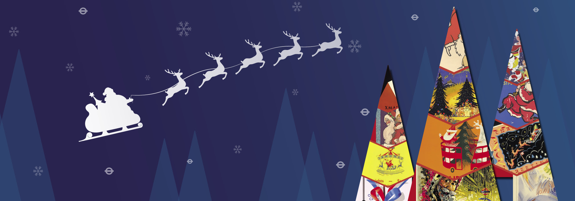 Christmas banner showing Santa's sleigh and reindeer flying over trees made of Christmas poster designs