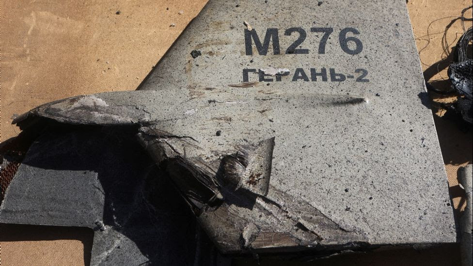 Wreckage of a Shehad-136 drone. The tail fin has Geranium 2 written on it - the Russian name for the drone.