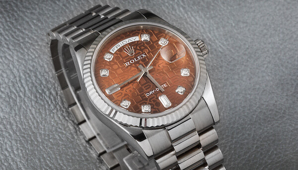 Rolex President Day-Date White Gold Diamond Mens Watch with Bronze Jubilee Dial 