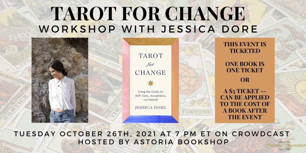 Jessica Dore photo and a cover of Tarot for Change.  Details as listed below
