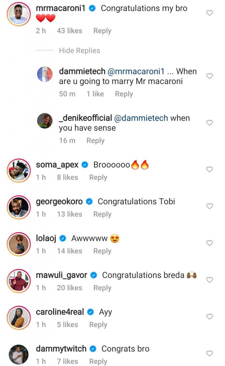 Congratulatory messages pour in as Tobi Bakre shares prewedding photo