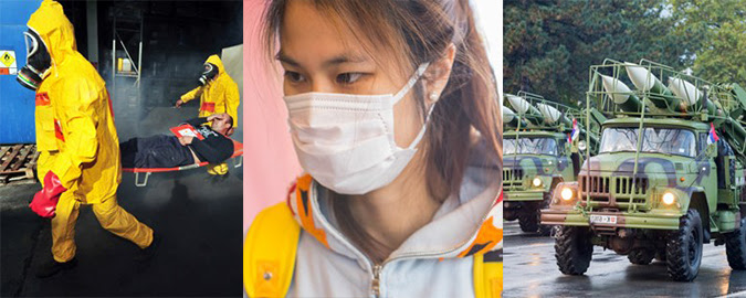 collage of photos showing emergency response officials in hazmat gear, a closup of a person wearing a personal protective mask, and military vehicles carrying missles