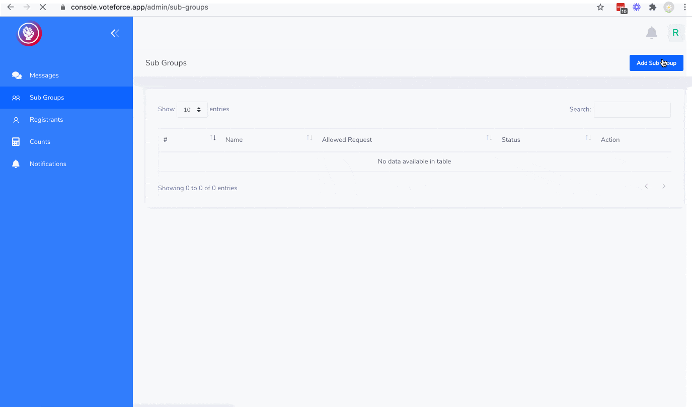 NAACP Atlanta organizers set up sub groups and messages for their volunteers to share with their friends in the VoteForce console.