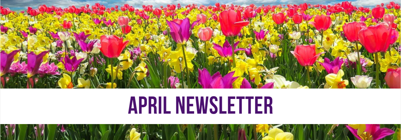 April Newsletter banner. Background is a prairie of colorful flowers.