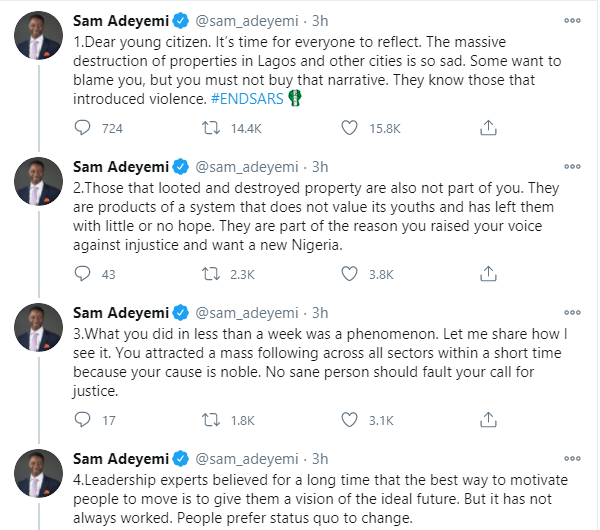 Those who want to blame you for destruction of properties know those who introduced violence in the #EndSARS protest - Pastor Sam Adeyemi tells youths 