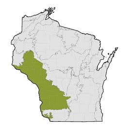 A map of Wisconsin showing the Western Coulees and Ridges Region.