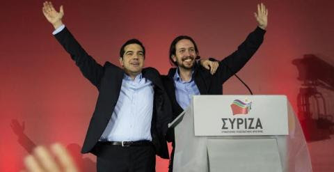 Alexis Tsipras y Pablo Iglesias en el mitin de cierre de campaña de Syriza.