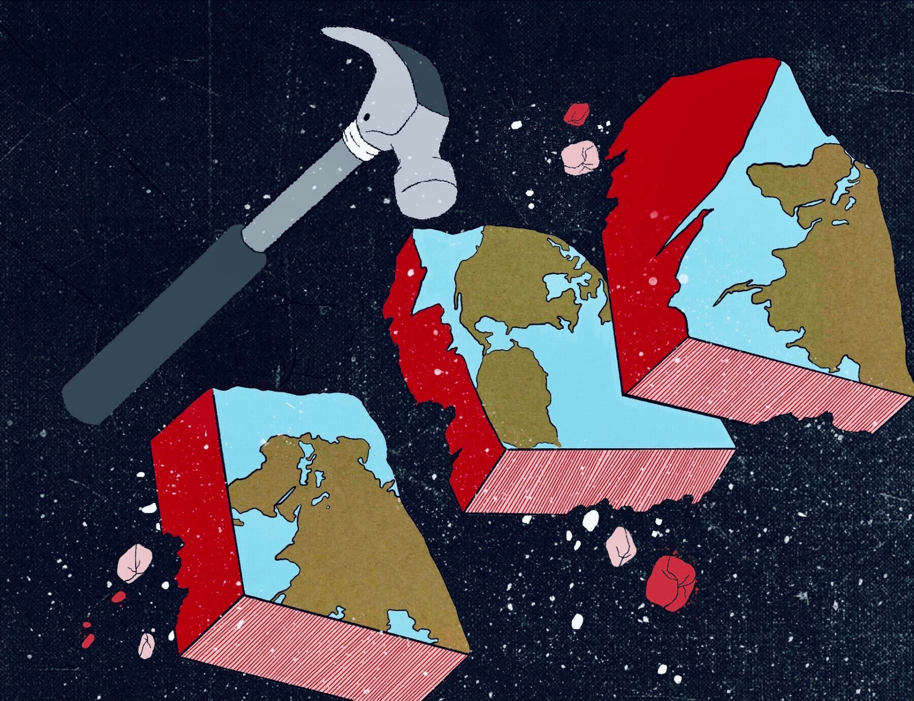A hammer is shown breaking several chunks of the earth into smaller pieces. In the background, black space.