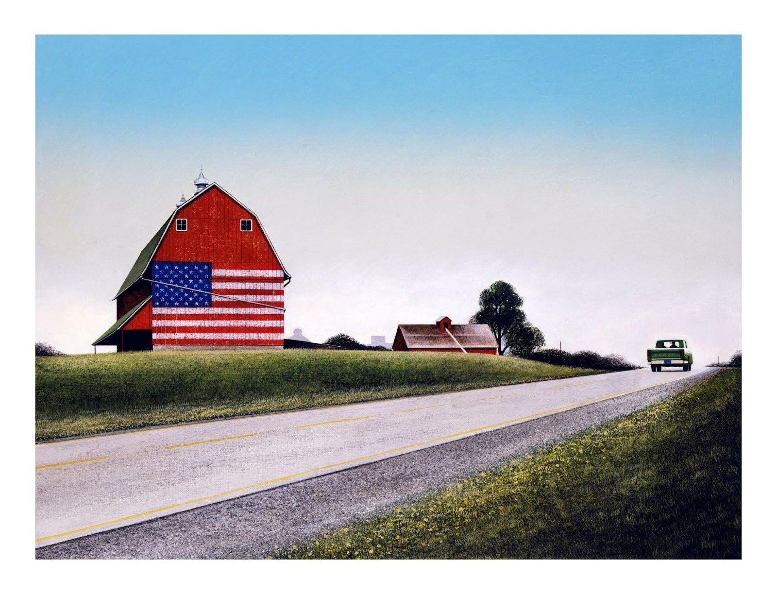 An illustration of a red barn with an American flag painted on the side behind a green truck driving down the road in the Midwest. 