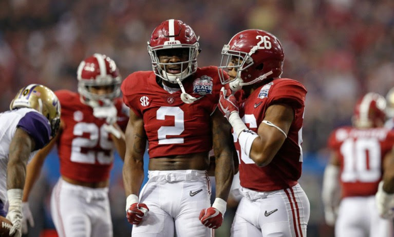 Tony Brown (#2) celebrates big play for Alabama's defense in 2016 versus Washington