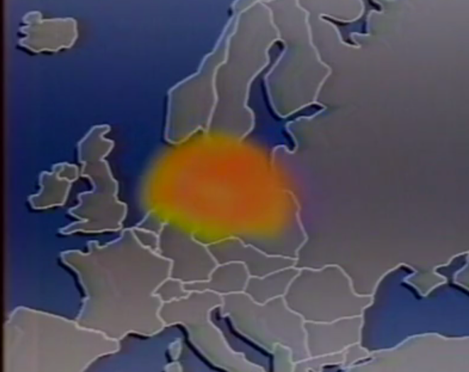 Le nuage radioactif évite la France sur un graphique du journal télévisé d'Antenne 2 en 1986. © DR