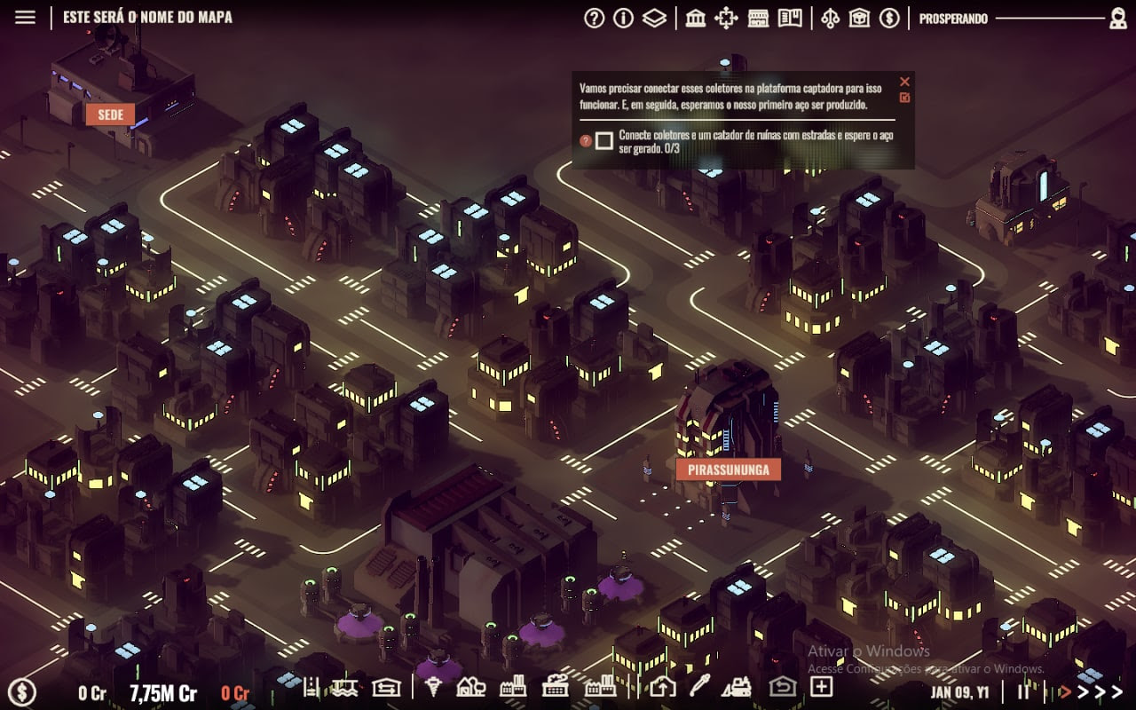 A screenshot of the DLC 2130 for Rise of Industry, showing a cyberpunk city with neon nights barely visible in a cloud of smoke. The style is still soft, despite the darker colours. The city is called Pirassununga.