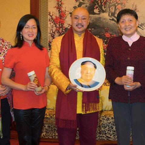 Gladys Liu left and Bruce Atkinson right, with WTUF Founder Baima Aose and China's United Front co-ordinator Zhang Meiying in Beijing January 2015.