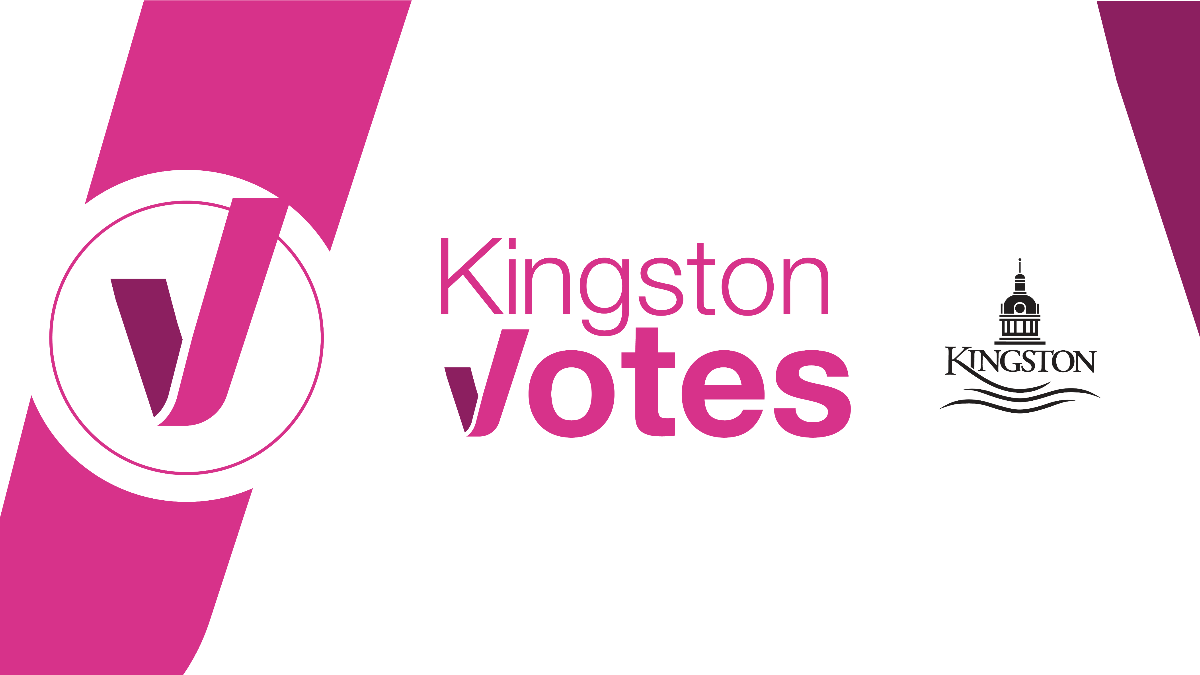 A white background with magenta text: Kingston Votes.