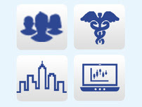 Series of icons:  people, health, city, computer