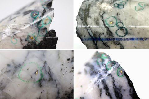 Figure 1: Photos of mineralization from: Top L: at ~427.5m in NFGC-22-863, Top R: at ~88.2m in NFGC-22-704, Bottom L: at ~23m in NFGC-22-733, Bottom R: at ~380.25 in NFGC-22-774. ^Note that these photos are not intended to be representative of gold mineralization in holes NFGC-22-704, NFGC-22-733, NFGC-22-774 and NFGC-22-863.