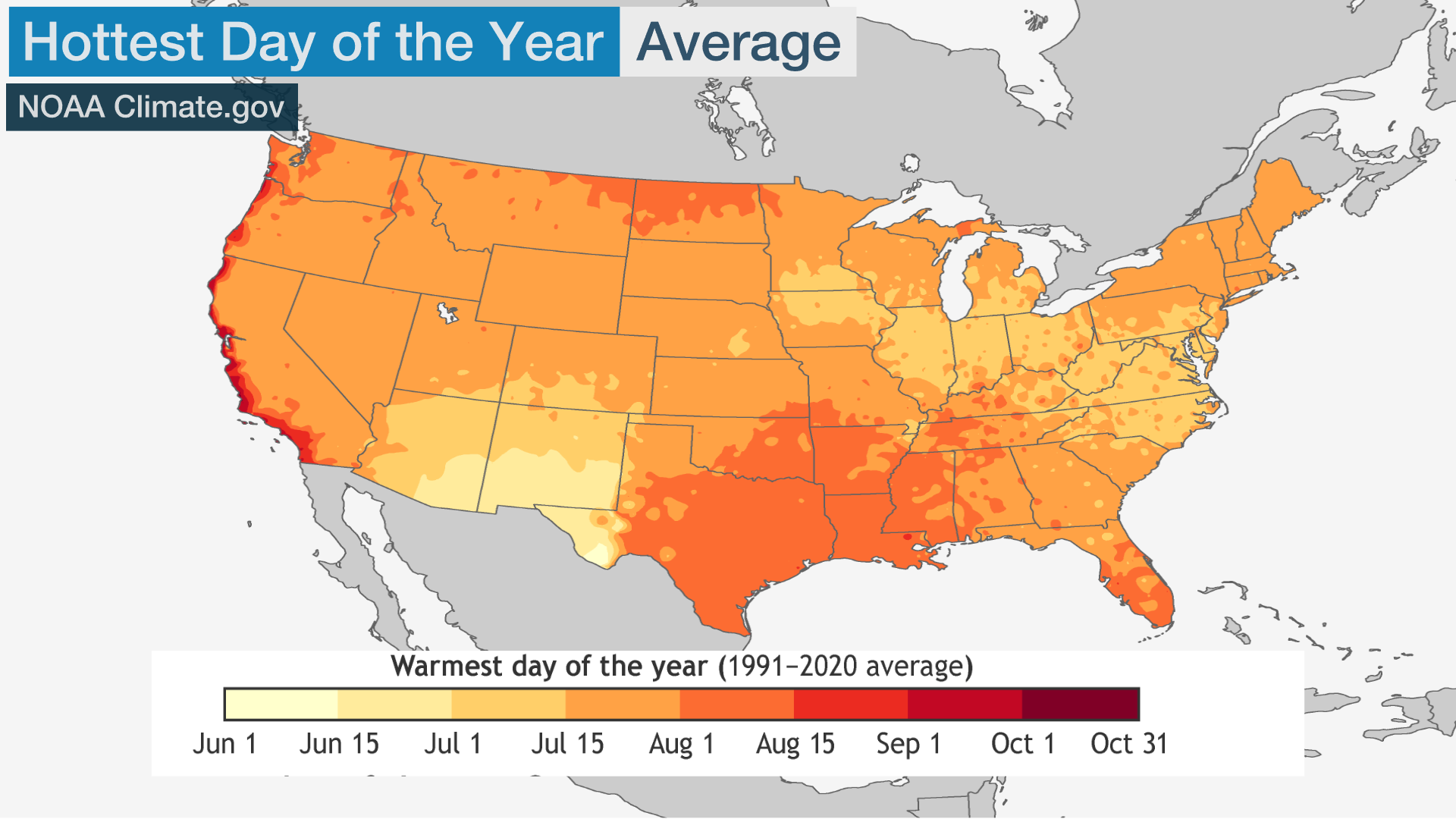 This graphic shows the typical hottest time of year, according to 1991-2020 average data.
