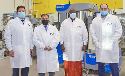 Merck collaborates with Innovative Biotech to design the manufacturing process for the first vaccine production facility in Nigeria. Pictured left to right: Dr. Jose M Galarza, CEO, TechnoVax; Mr. Sohal Shah, Strategic and Financial Adviser, TechnoVax; Dr. Simon Agwale, CEO, Innovative Biotech; Dr. Andrew Bulpin, Head of Process Solutions, Life Science business sector of Merck KGaA, Darmstadt, Germany.