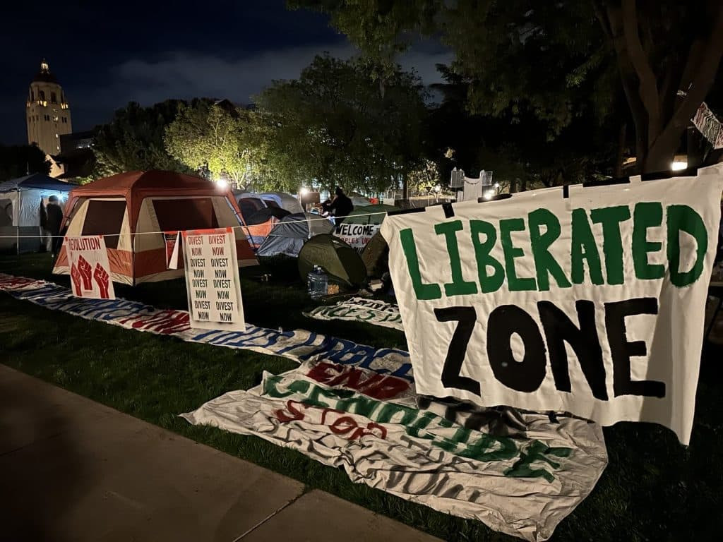 Gaza encampment at Stanford University, on April 26th, 2024. (Photo: Stanford SJP)