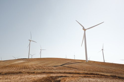 Image of large white wind turbines on a hillside.