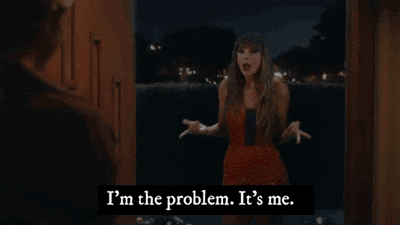 An animated gif showing Taylor Swift singing I'm the problem, its me.