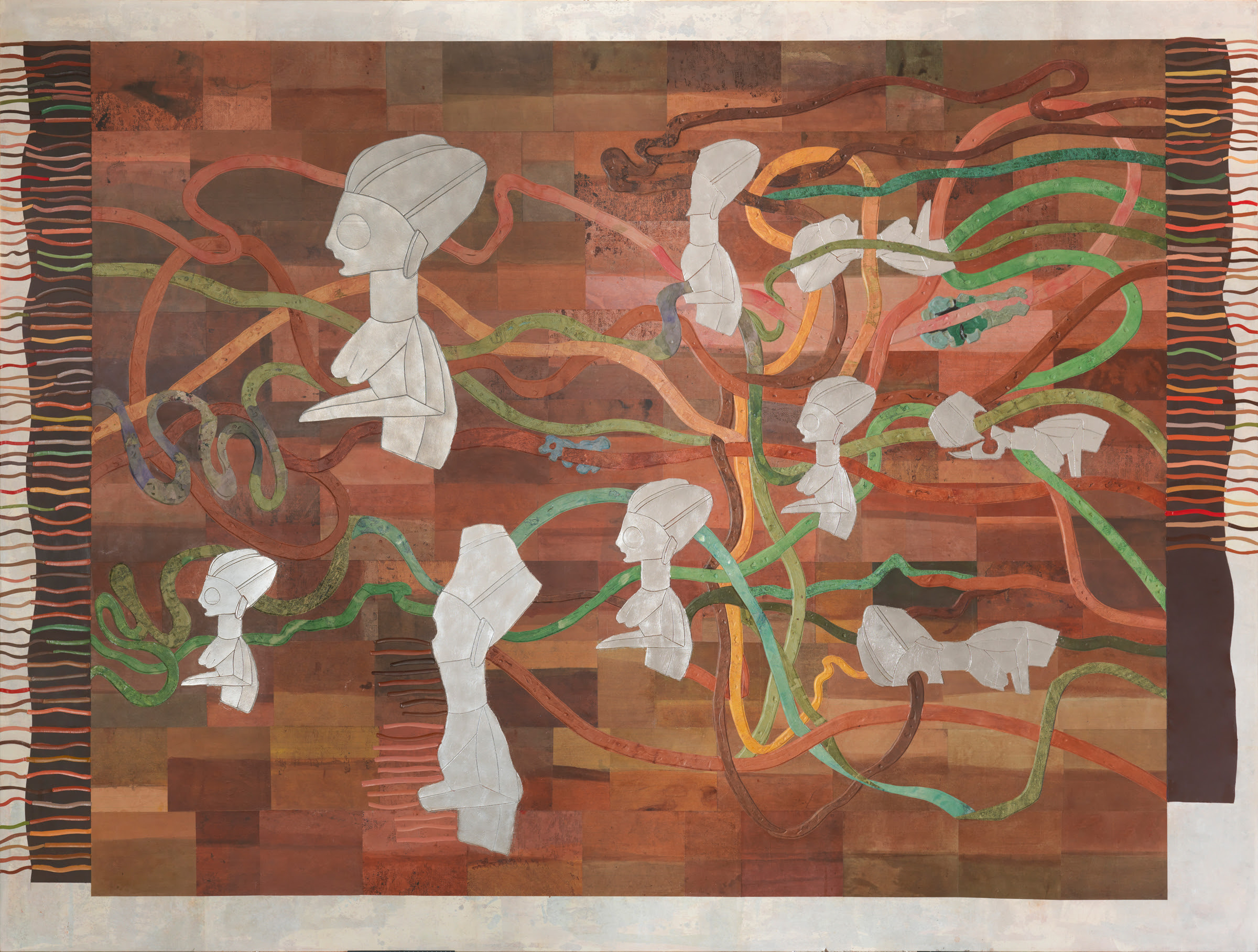 Ellen Gallagher, Ecstatic Draught of Fishes, 2022. Oil, pigment, palladium leaf, and paper on canvas, 89 3/4 × 118 1/8 in. (248 × 300 cm). Collection of the artist; courtesy the artist; Gagosian, New York; and Hauser & Wirth, New York
