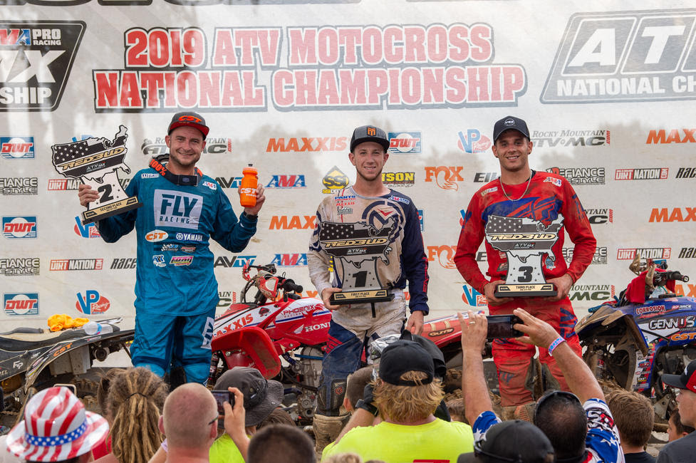 Joel Hetrick (center), Thomas Brown (left) and Nick Gennusa (right) rounded out the RedBud ATVMX Overall podium.