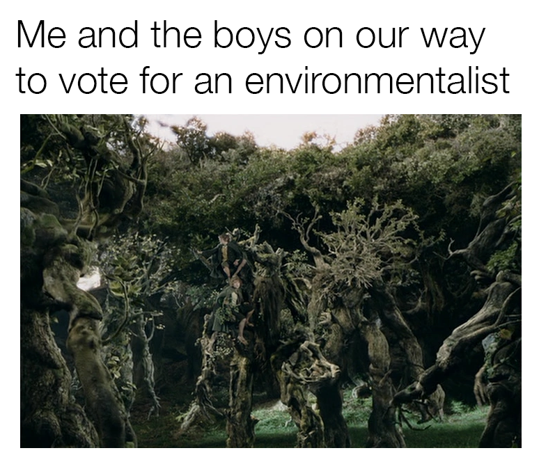Image of trees walking with the words "me and the boys on our way to vote for an environmentalist"